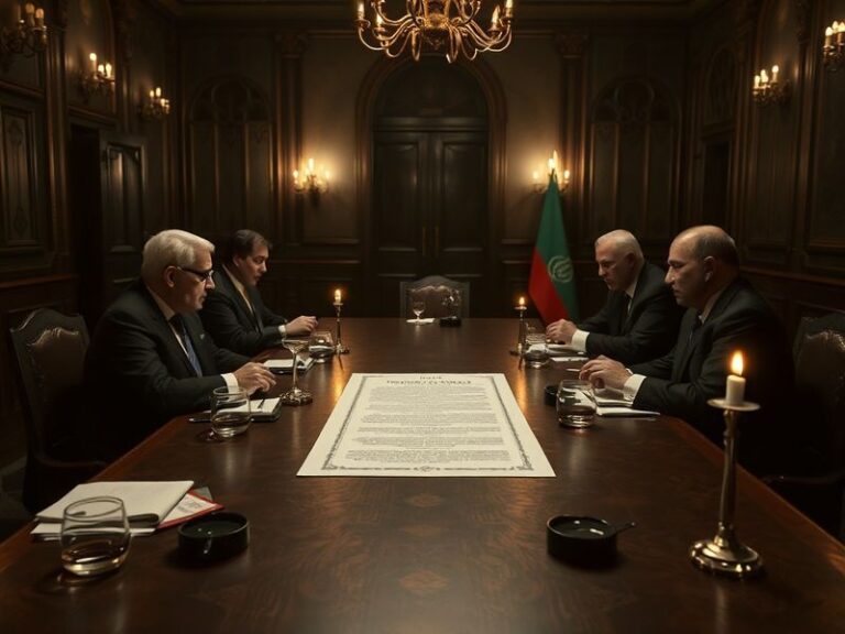A diplomatic meeting with representatives from Iran, the U.S., and European nations at a roundtable, with flags and documents
