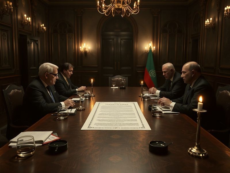 A diplomatic meeting with representatives from Iran, the U.S., and European nations at a roundtable, with flags and documents
