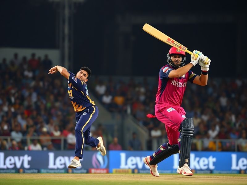 A vibrant cricket stadium at night, filled with cheering fans under floodlights, with players from KKR and RR shaking hands a