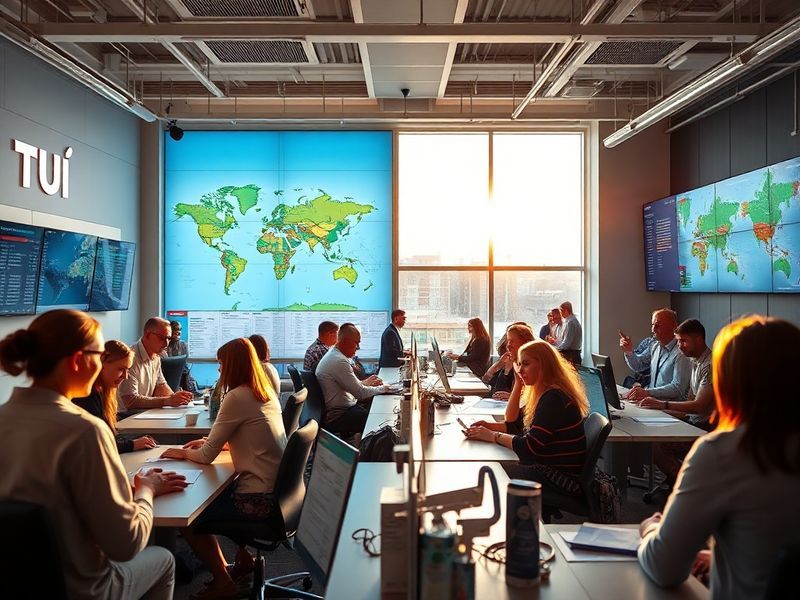 A vibrant aerial view of a TUI resort in the Caribbean, showcasing turquoise waters, palm trees, and guests enjoying beach ac