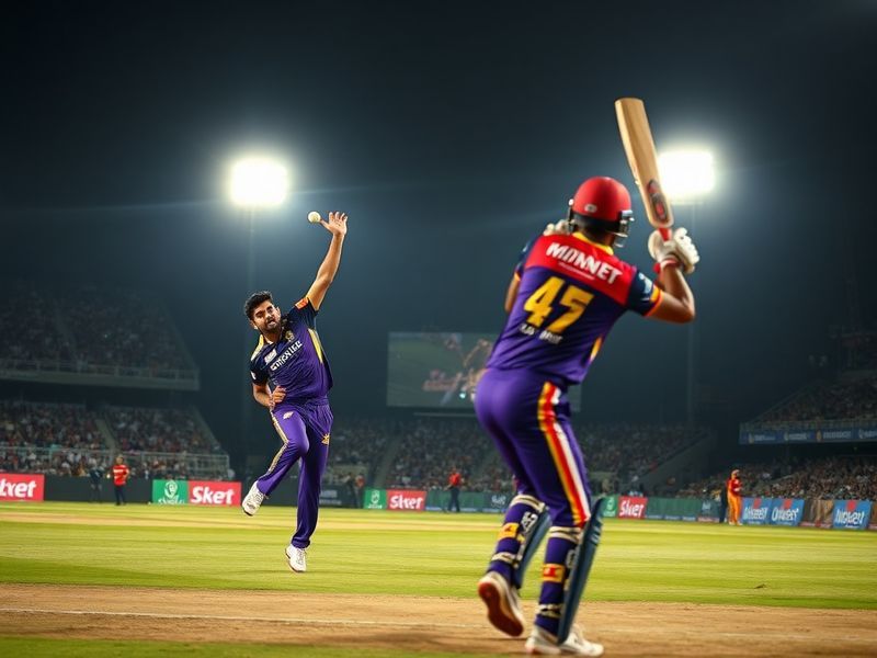 A dynamic action shot of a cricket match at Sardar Patel Stadium in Ahmedabad, featuring players from Kolkata Knight Riders a