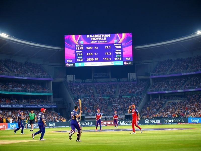 A vibrant night-time cricket stadium with floodlights illuminating players in RR blue and KKR black-and-yellow kits, crowd in