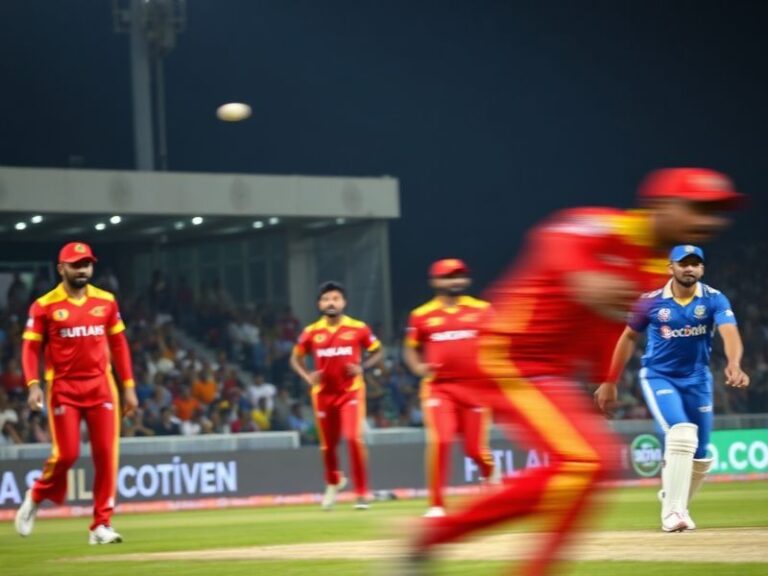 A vibrant cricket stadium at night, with players from Multan Sultans and Karachi Kings shaking hands in the center. The Multa