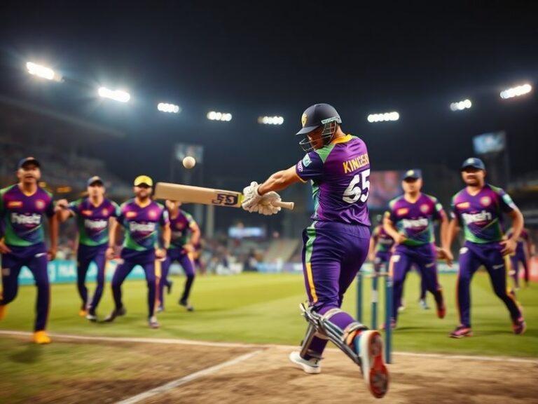 A vibrant stadium scene at night with KKR's black-and-gold and RR's blue-and-gold teams shaking hands under bright lights, fa