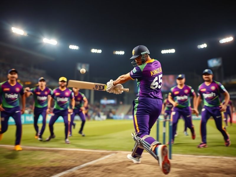 A vibrant stadium scene at night with KKR's black-and-gold and RR's blue-and-gold teams shaking hands under bright lights, fa