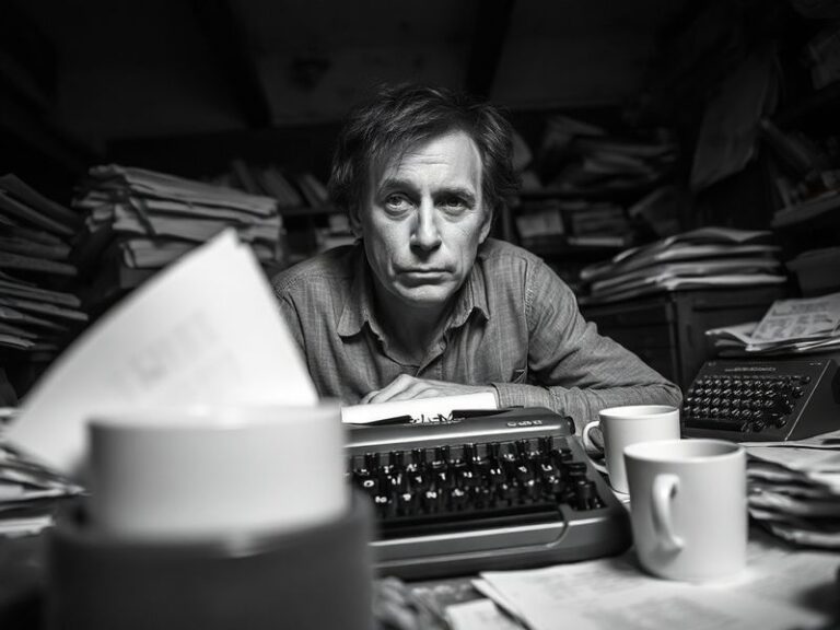 A close-up portrait of Richard Gadd on stage, bathed in dramatic lighting, mid-performance with intense expression. He wears