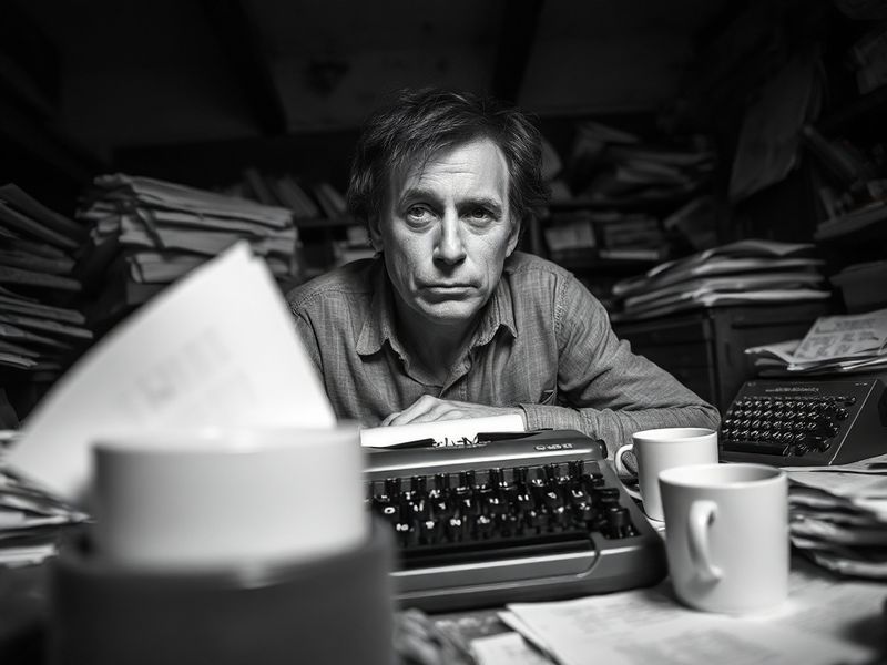 A close-up portrait of Richard Gadd on stage, bathed in dramatic lighting, mid-performance with intense expression. He wears