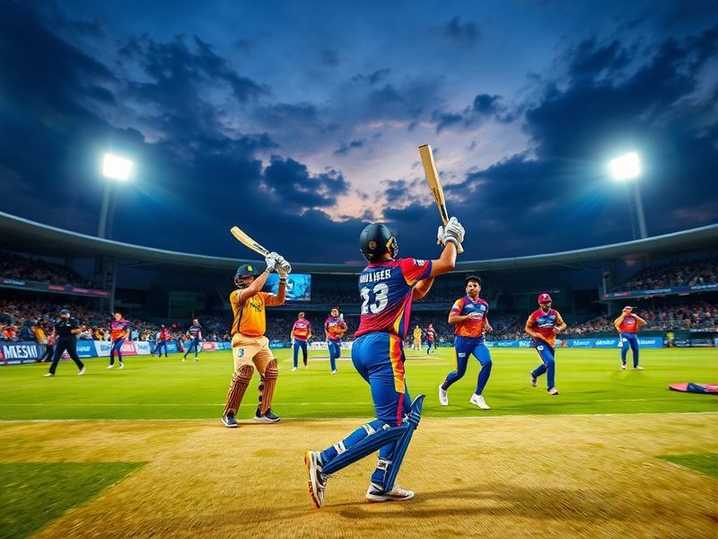 A vibrant IPL stadium at night, filled with cheering fans in yellow-and-blue (KKR) and blue-and-yellow (RR) jerseys. The pitc