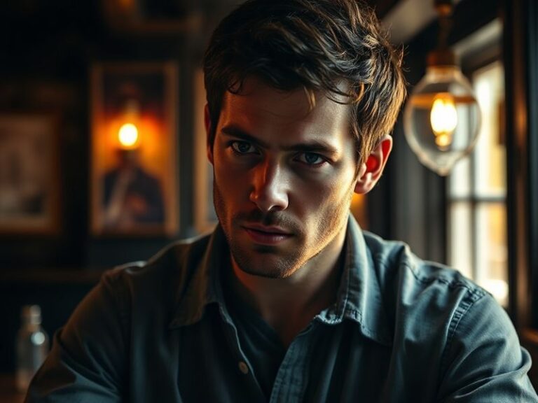 A candid portrait of Damien Molony in a modern, softly lit setting, possibly in a rehearsal space or on a film set. He is dre