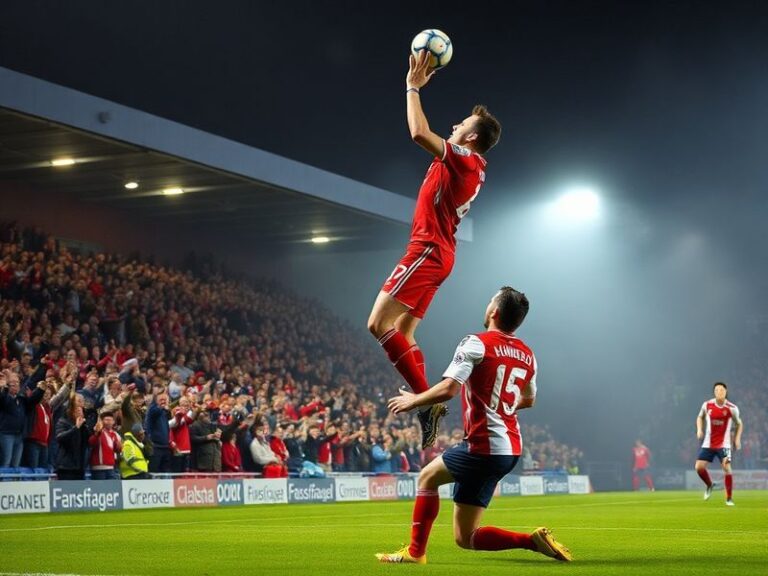 A packed stadium at Portman Road during a night match, with Ipswich Town players celebrating a goal. The stands are filled wi