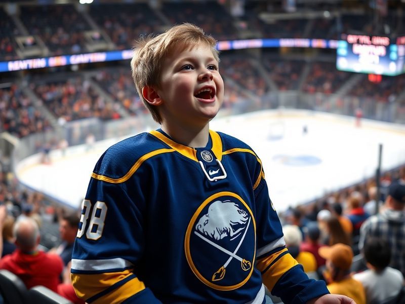 Wyatt Russell wearing a Buffalo Sabres jersey at an NHL game, surrounded by fans, with a vibrant arena atmosphere in the back