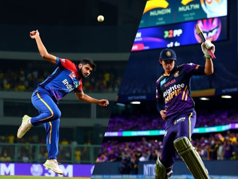 A vibrant stadium scene at night, with both RR and KKR fans filling the stands. The crowd is split between purple (KKR) and r