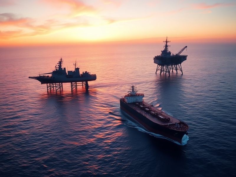 Aerial view of the Strait of Hormuz with oil tankers and military ships visible, highlighting the narrow waterway and surroun