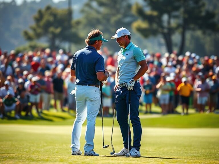 A split-screen image of Scottie Scheffler and Tommy Fitzpatrick on the golf course, one in focused concentration and the othe