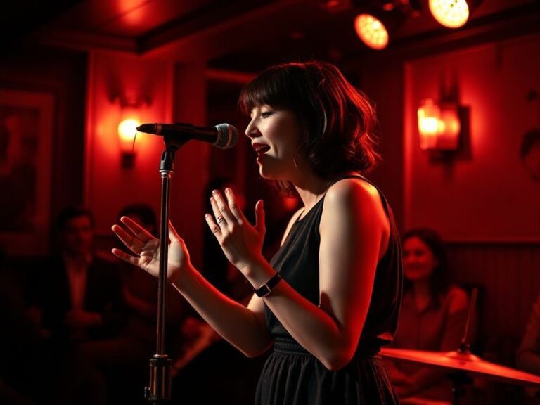 A vibrant concert photo of Jessie Ware performing on stage, bathed in colorful house lights, with a diverse crowd in the back