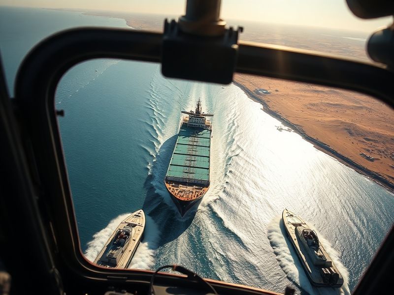 Aerial view of the Strait of Hormuz at dusk, showing dense oil tanker traffic and naval vessels patrolling nearby waters. The
