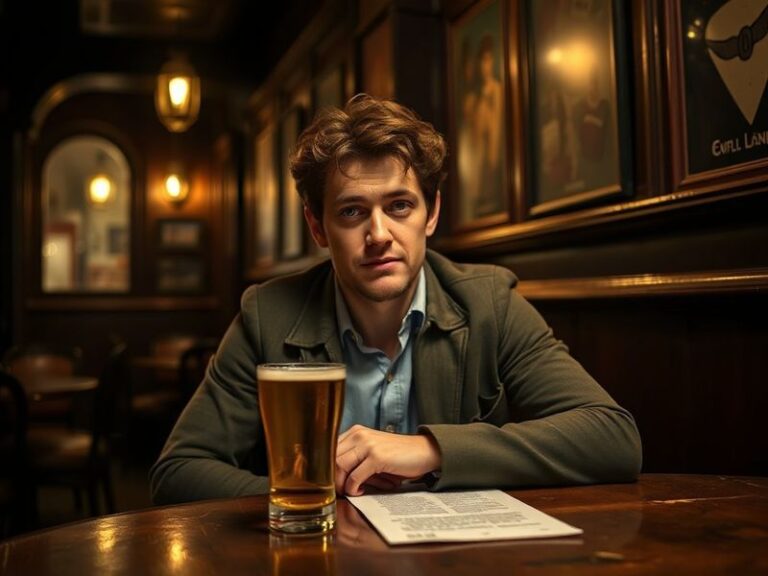A portrait of Damien Molony on set, dressed in a modern yet timeless outfit, with a neutral urban backdrop that suggests both