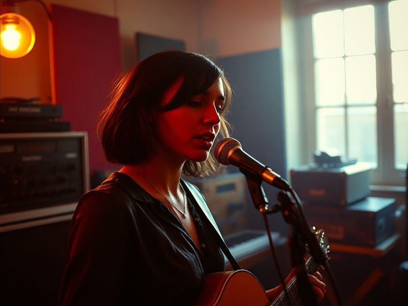 Jessie Ware performing on stage at a festival, bathed in warm disco lights, wearing a sequined jumpsuit, with a large crowd i