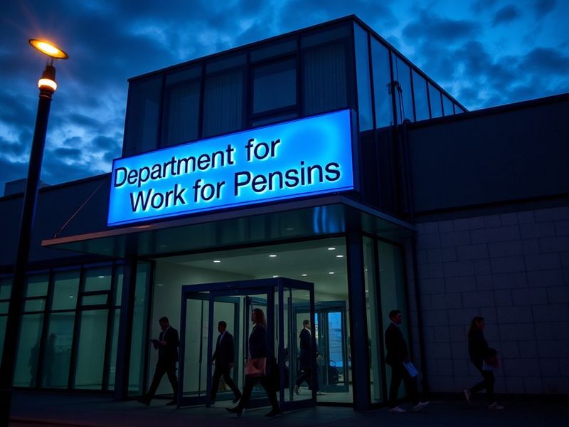 A diverse group of people in a UK benefits office waiting area, showing a mix of ages and backgrounds. The setting is a moder