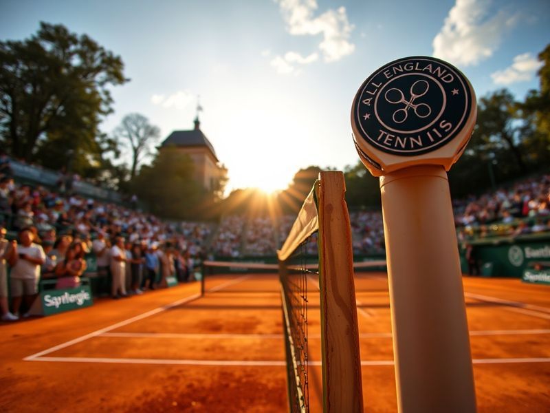 A vibrant aerial view of the MTTC Iphitos club in Munich during the tournament, showing red-clay courts surrounded by lush gr
