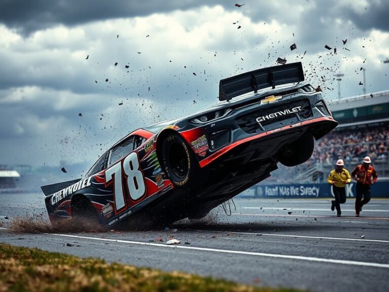 A split-screen image showing Carson Kvapil's No. 38 car flipping end over end during the crash at Kansas Speedway, with safet
