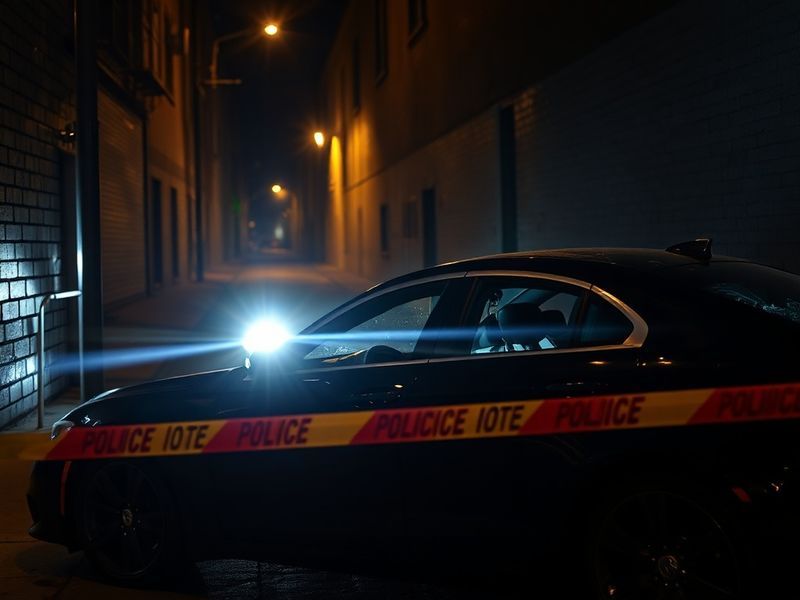 A split-image scene: on the left, a luxury car parked outside a London townhouse with police tape around it, and on the right