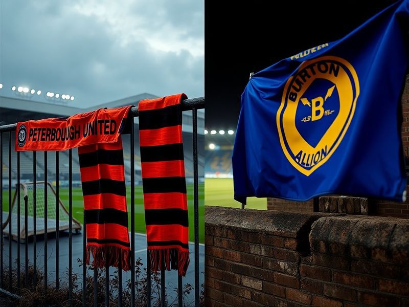 A split-image visual: on the left, London Road Stadium with Peterborough fans celebrating; on the right, Burton’s Pirelli Sta