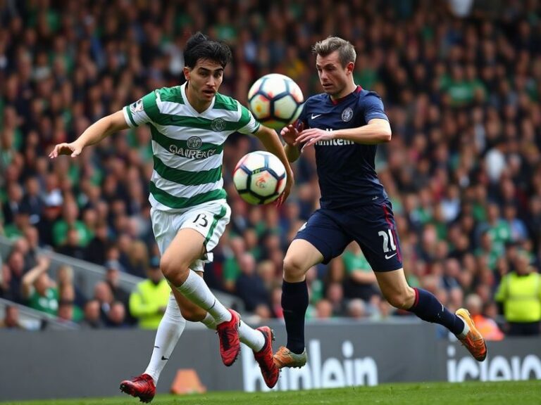 A wide-angle shot of Celtic Park during the match, showing St. Mirren players in a compact defensive shape against Celtic’s a