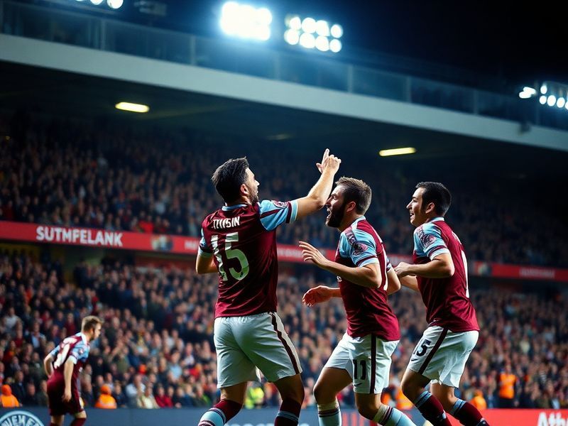 A high-energy shot of Aston Villa players celebrating a goal against Sunderland, with Villa's claret and blue kits contrastin