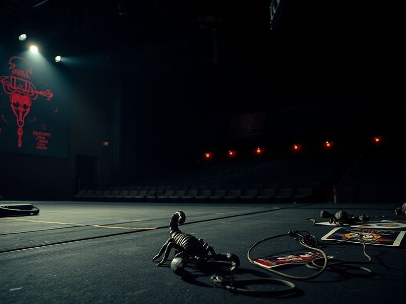 A dimly lit concert stage with empty seats, spotlight beams cutting through the darkness. The Scorpions’ logo is faintly visi