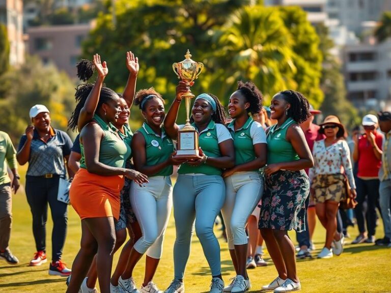 A vibrant aerial shot of the Gary Player Country Club at Sun City during a sunny afternoon, with golfers on the fairway and a