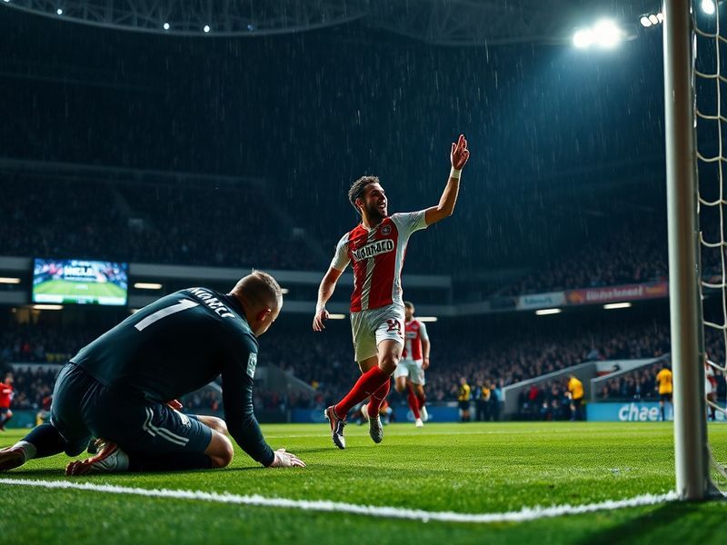A dynamic mid-action shot at the Stade Louis II, featuring Monaco players celebrating a goal while Auxerre defenders react in