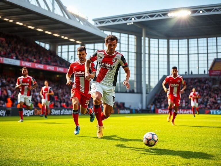 A vibrant shot of St. Mary's Stadium on matchday, with fans streaming in, banners waving, and the iconic stadium lights illum