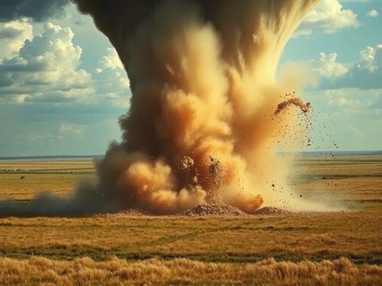 A dramatic photograph of a large, wedge-shaped tornado forming over a rural landscape, with dark storm clouds swirling above