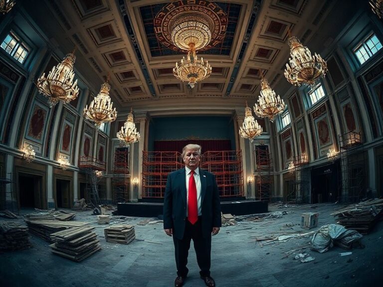 A vibrant ballroom event stage with drag performers in elaborate costumes, Trump-branded banners, and a mixed audience in a n