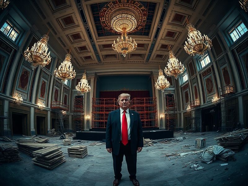 A vibrant ballroom event stage with drag performers in elaborate costumes, Trump-branded banners, and a mixed audience in a n