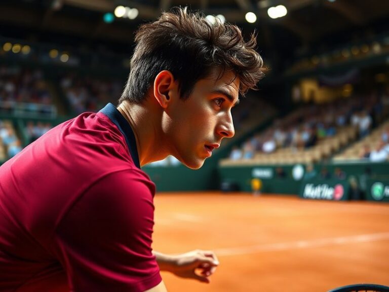 Arthur Fils in action on a clay court, mid-forehand swing with intense focus, wearing a white Nike cap and red Lacoste shirt,