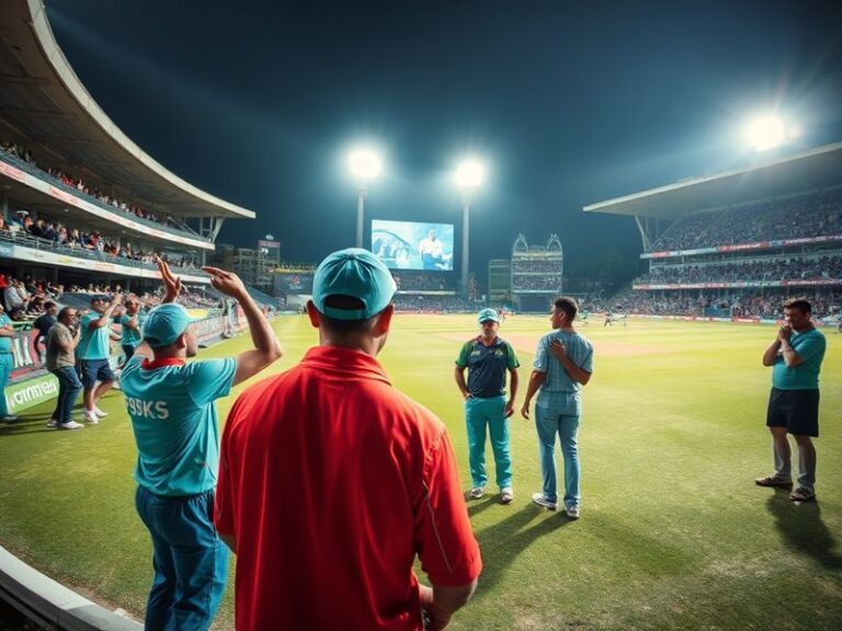 A vibrant IPL stadium packed with fans, players from PBKS and LSG shaking hands after the match, with scoreboards showing 168