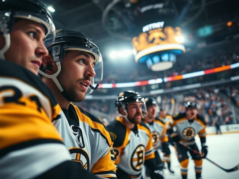 A vibrant scene of Boston Bruins fans in a packed arena, with the team in action on the ice. The atmosphere is electric, with