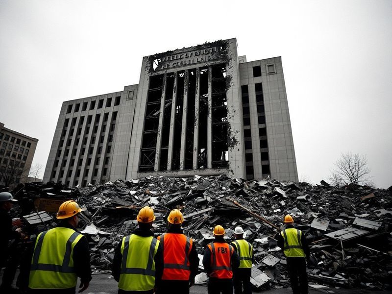 A somber black-and-white photograph of the Alfred P. Murrah Federal Building in ruins, with rescue workers and emergency vehi