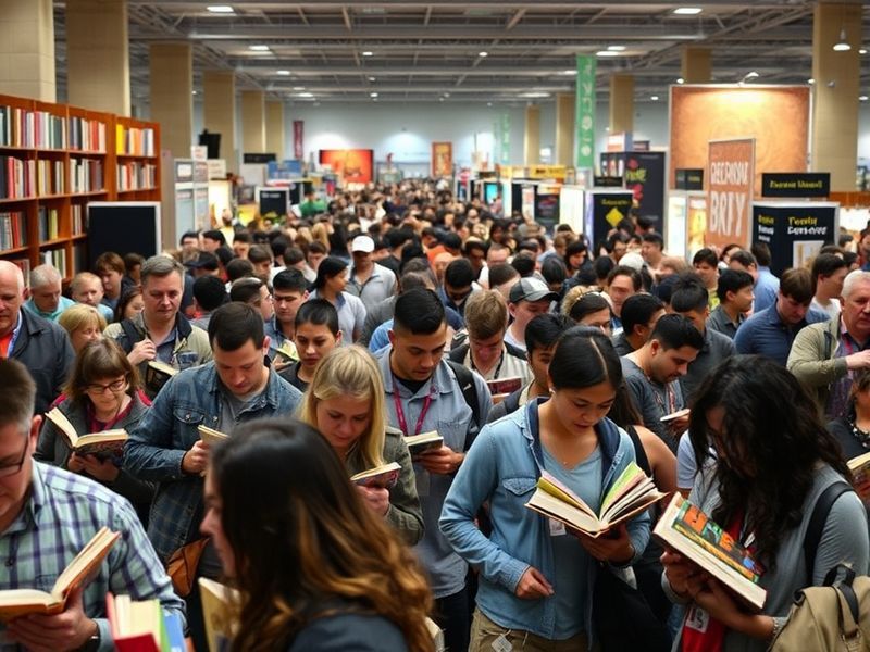 A vibrant scene at BookCon 2024: a crowded convention floor with colorful booths, cosplayers in literary costumes, long lines