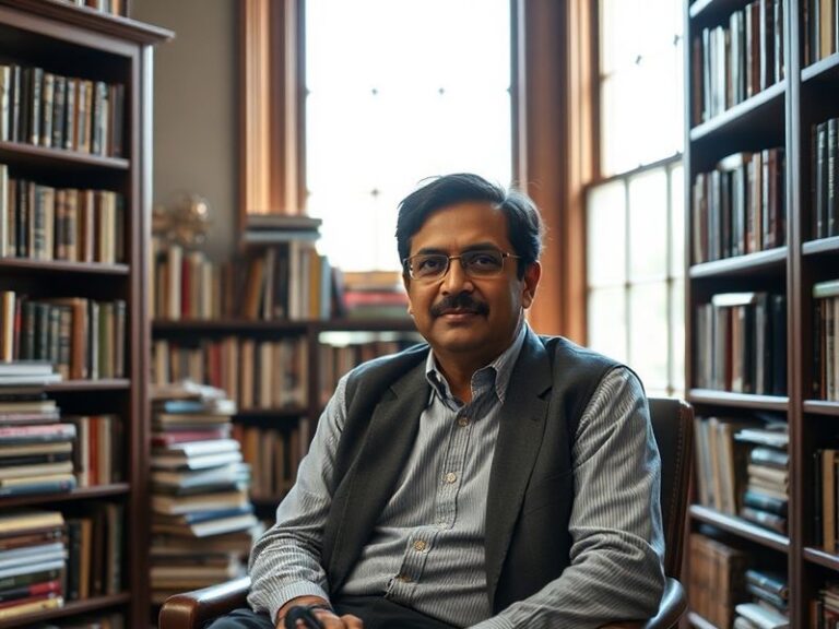 A well-lit portrait of Ramesh Ponnuru in a modern office setting, wearing a collared shirt, with bookshelves and a laptop vis