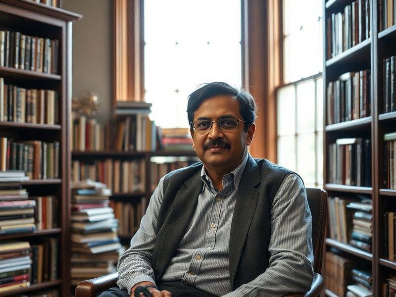 A well-lit portrait of Ramesh Ponnuru in a modern office setting, wearing a collared shirt, with bookshelves and a laptop vis