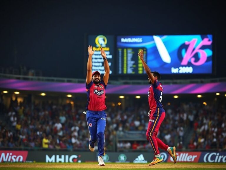 A vibrant cricket stadium with players from Rajasthan Royals and Kolkata Knight Riders in action. The crowd is visible in the