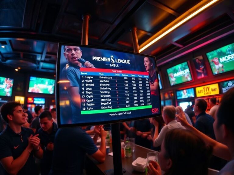 A split-screen image showing a live Premier League table on a smartphone screen alongside a packed stadium view during a matc