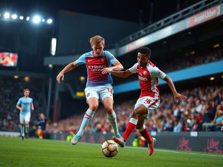 A split-image showing Manchester City's Etihad Stadium on one side and Arsenal's Emirates Stadium on the other, with a footba