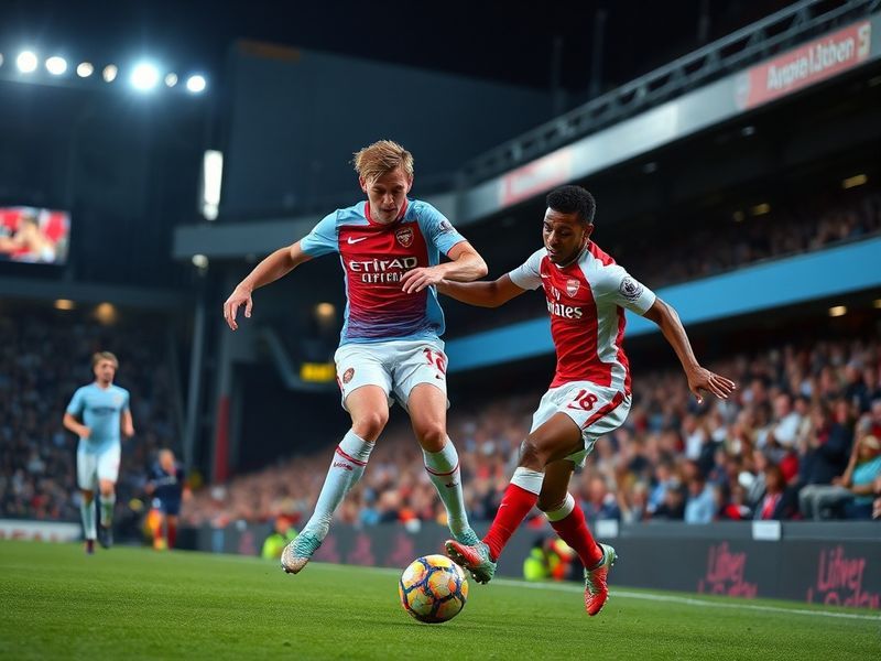 A split-image showing Manchester City's Etihad Stadium on one side and Arsenal's Emirates Stadium on the other, with a footba