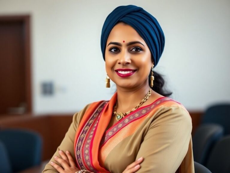 A professional portrait of Harmeet Dhillon in a courtroom setting, dressed in legal attire, with an American flag subtly visi