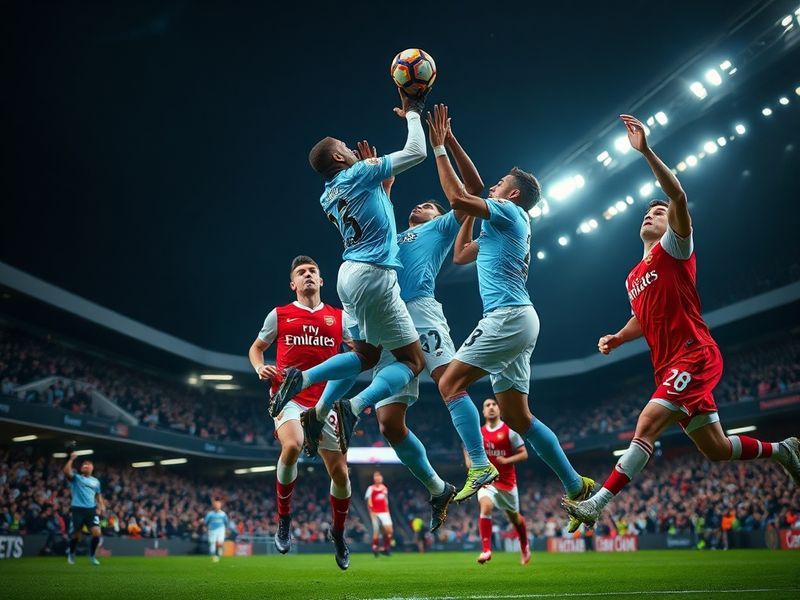 A tense moment from a Manchester City vs Arsenal match at the Etihad Stadium, showing both teams in action with City in sky b