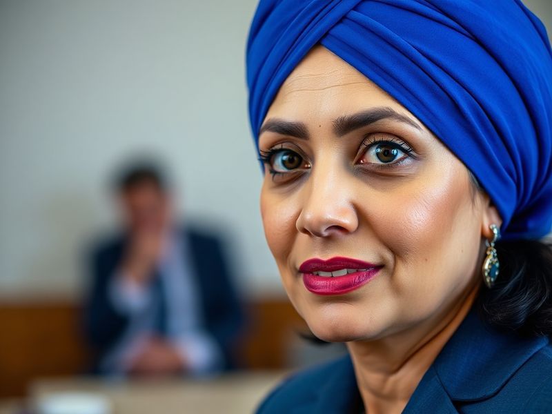 A confident Harmeet Dhillon in a professional setting, possibly speaking at a podium or in a courtroom, with a backdrop that